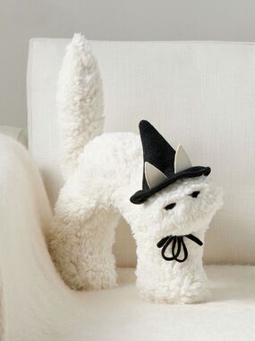 Pottery Barn Witch Hat Cat Shaped Pillow Halloween Decor White Kitty Black Hat